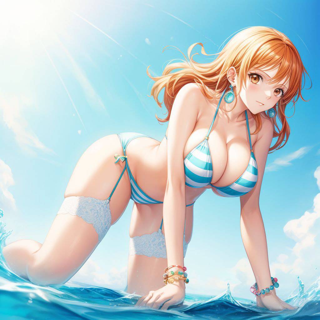 图片[1]-Nami Blue Stripe Bikini-pixiv插画-作品交流服务