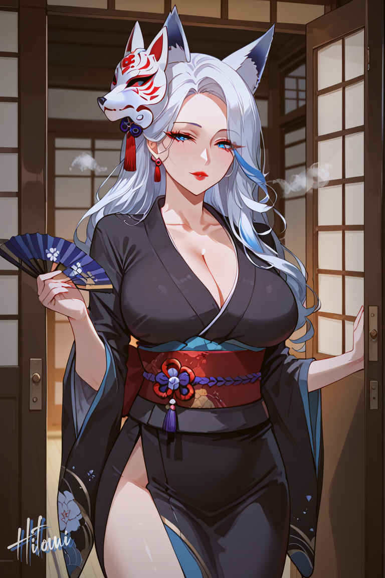 白狐-和服-pixiv插画-作品交流服务