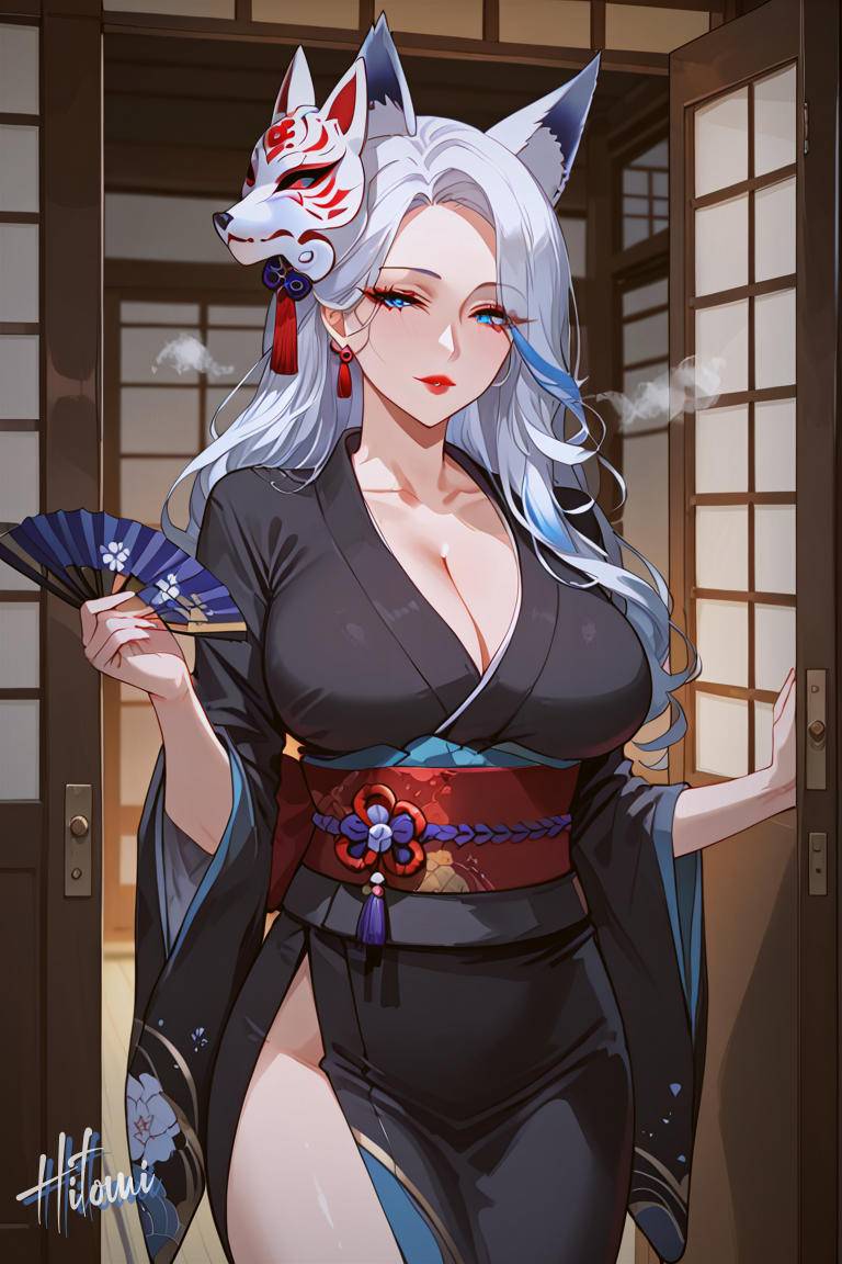白狐-和服-pixiv插画-作品交流服务