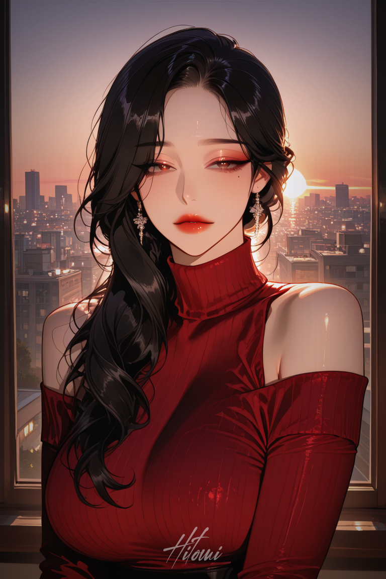 红色露肩毛衣-pixiv插画-作品交流服务