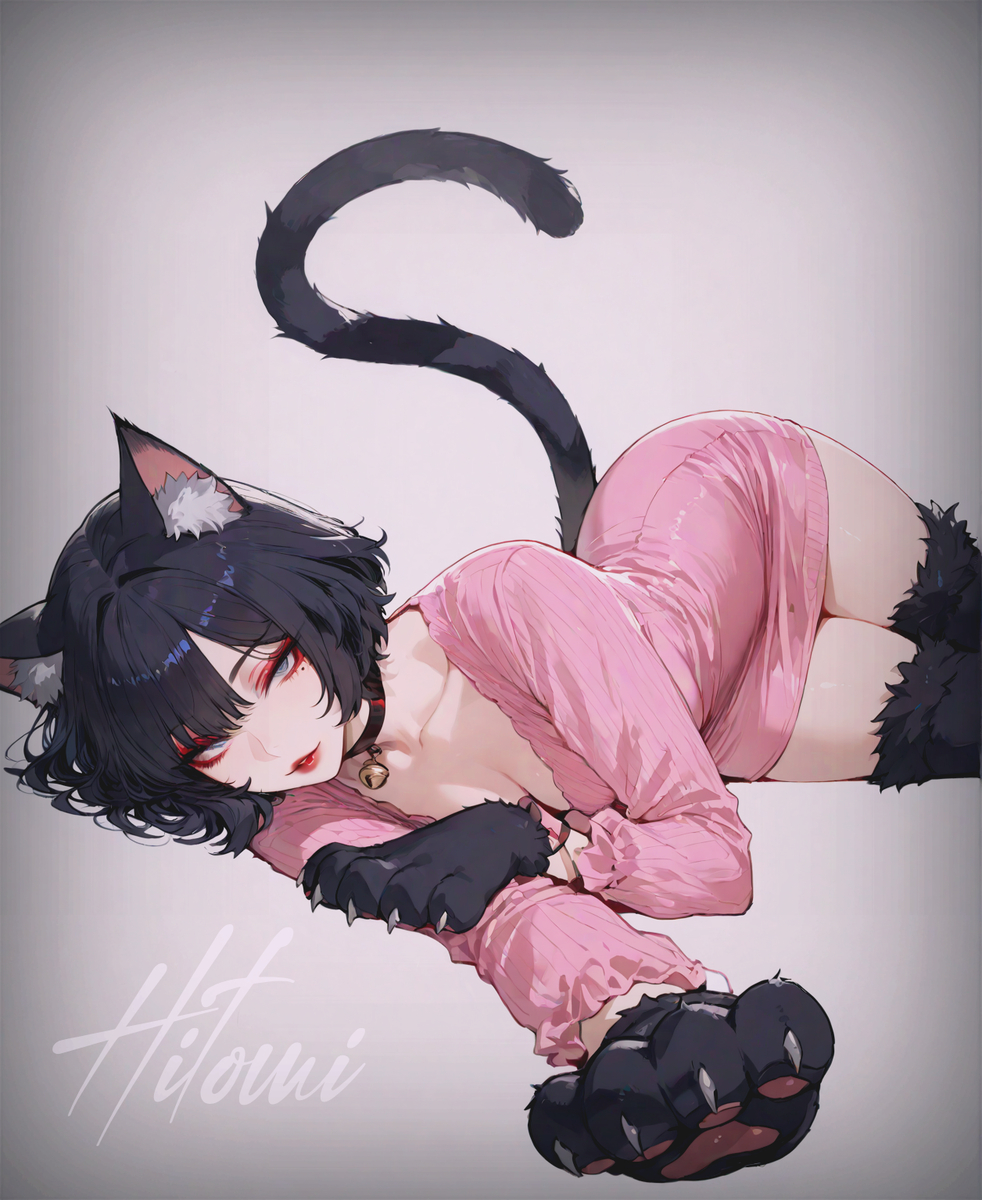 黑猫-粉色睡衣-pixiv插画-作品交流服务