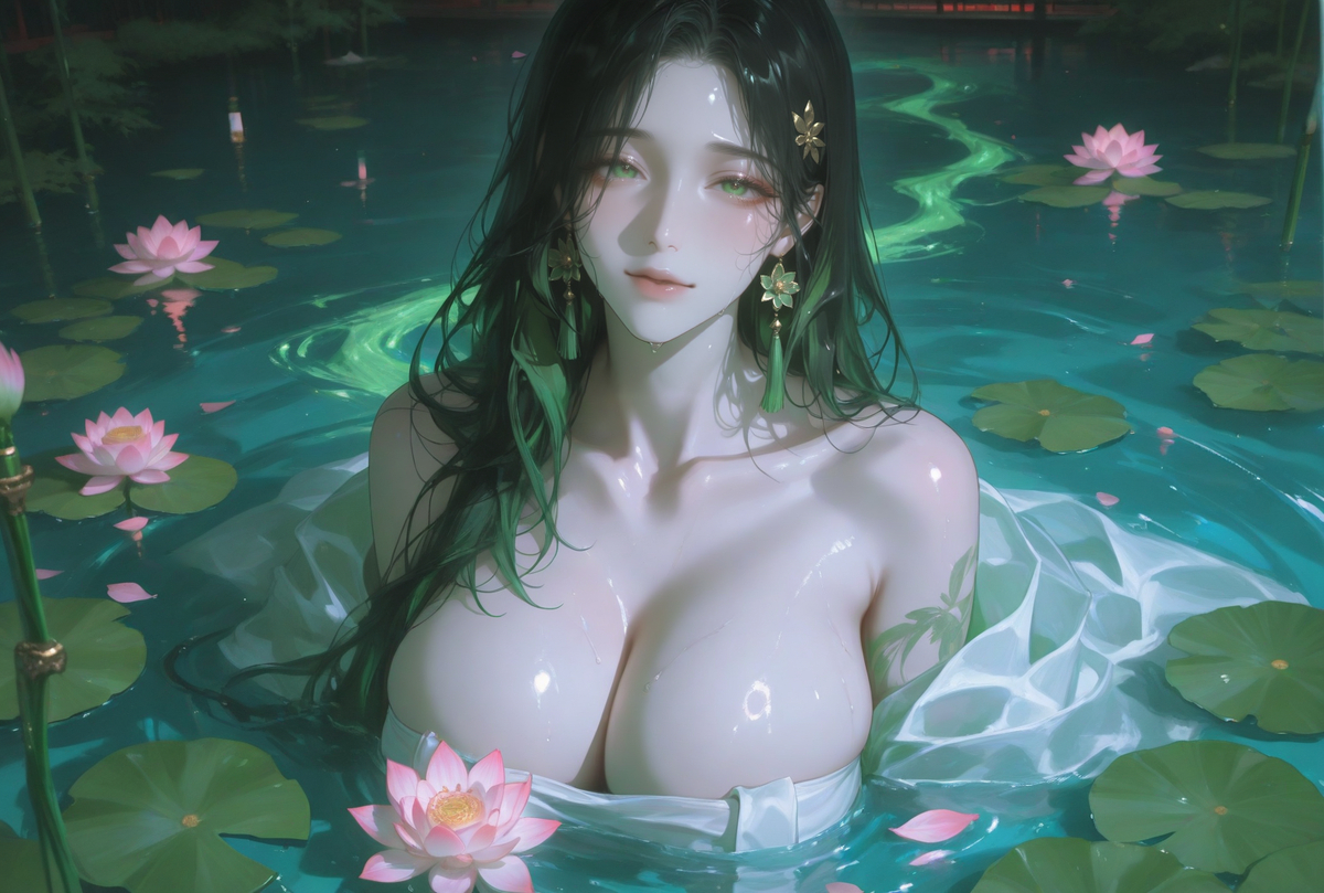 水映月明，芙蓉照倩影-pixiv插画-作品交流服务