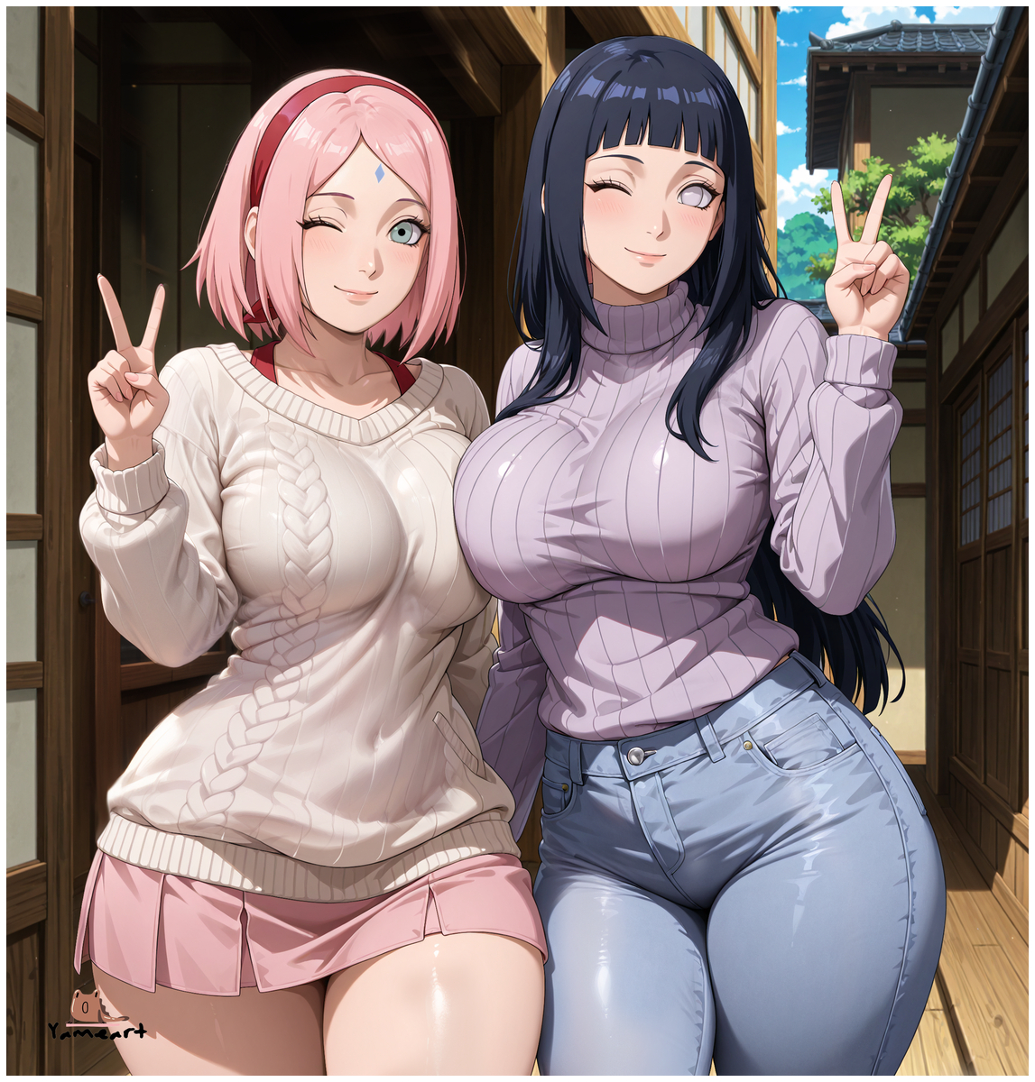 School Girls - Sakura and Hinata-pixiv插画-作品交流服务
