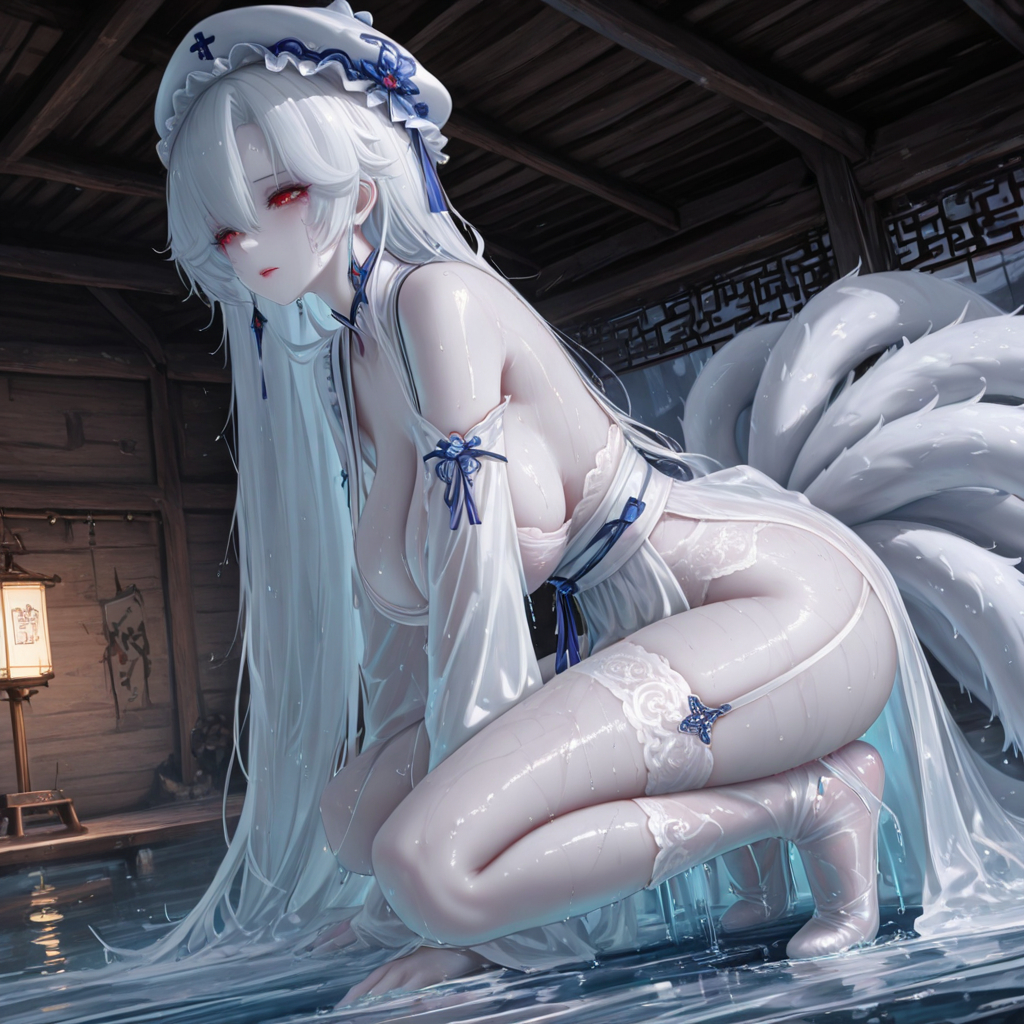 戏水-白发赤瞳の九尾狐-pixiv插画-作品交流服务