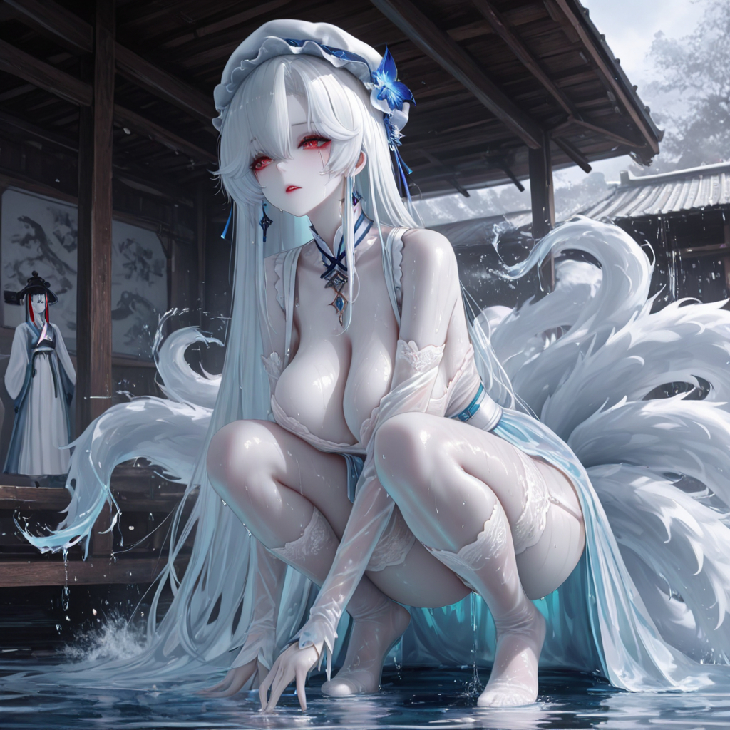 戏水-白发赤瞳の九尾狐-pixiv插画-作品交流服务