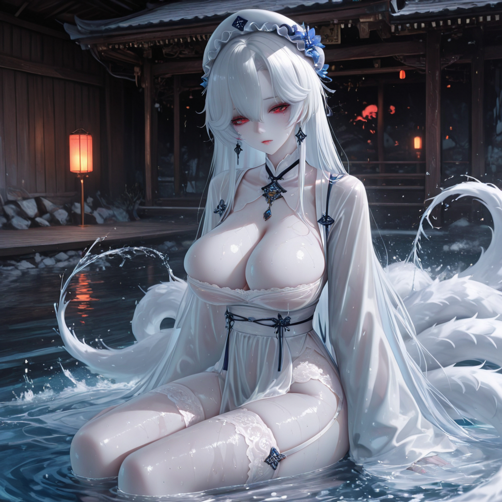 戏水-白发赤瞳の九尾狐-pixiv插画-作品交流服务