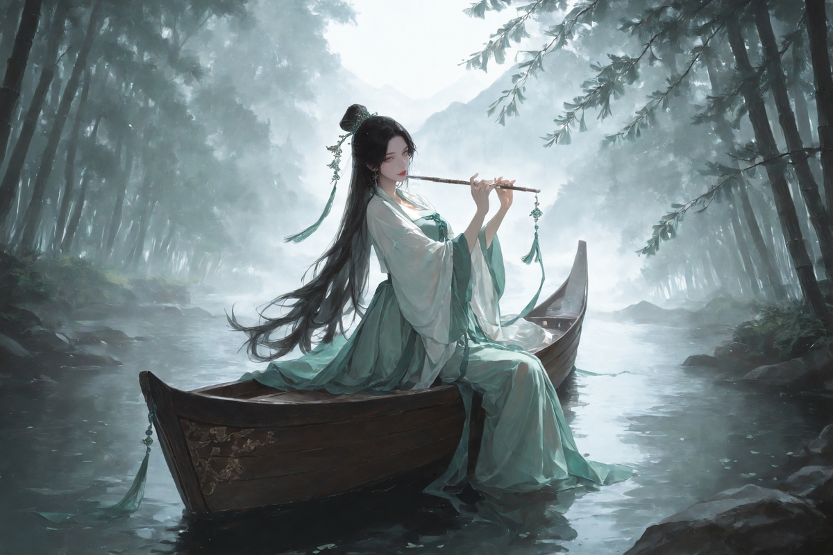 仙裾拂水横箫坐，吹与云深未归人。-pixiv插画-作品交流服务