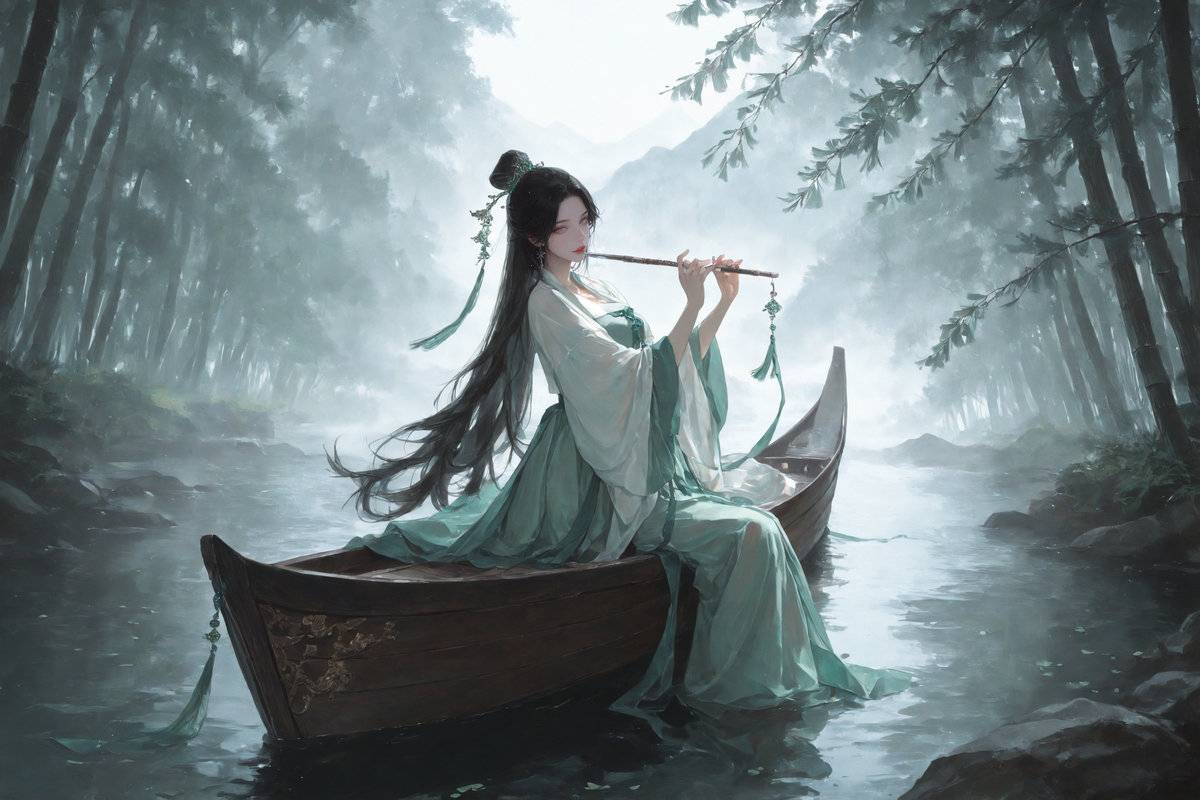 仙裾拂水横箫坐，吹与云深未归人。-pixiv插画-作品交流服务