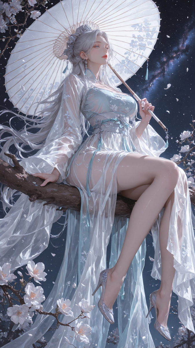 伞落繁花仙影瘦，夜垂星野素衣轻 。-pixiv插画-作品交流服务