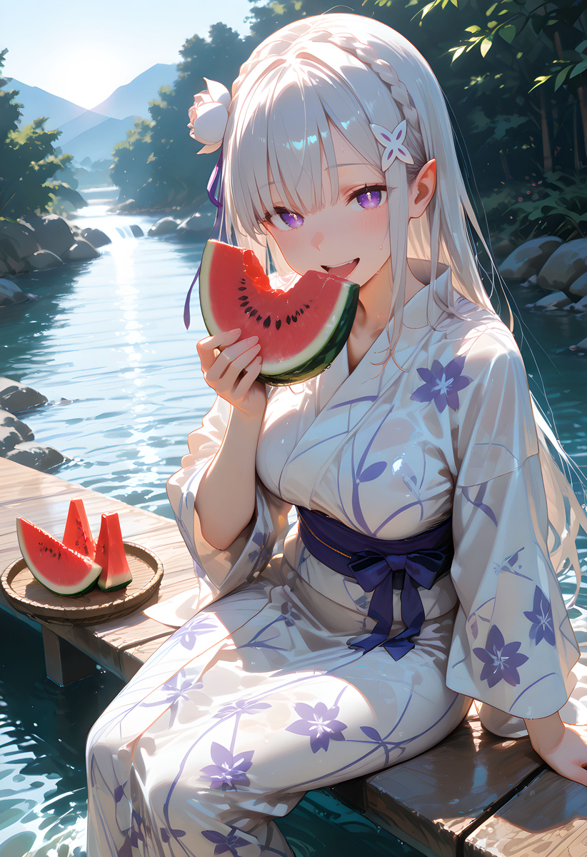 Emilia_Yukata with Watermelon-pixiv插画-作品交流服务