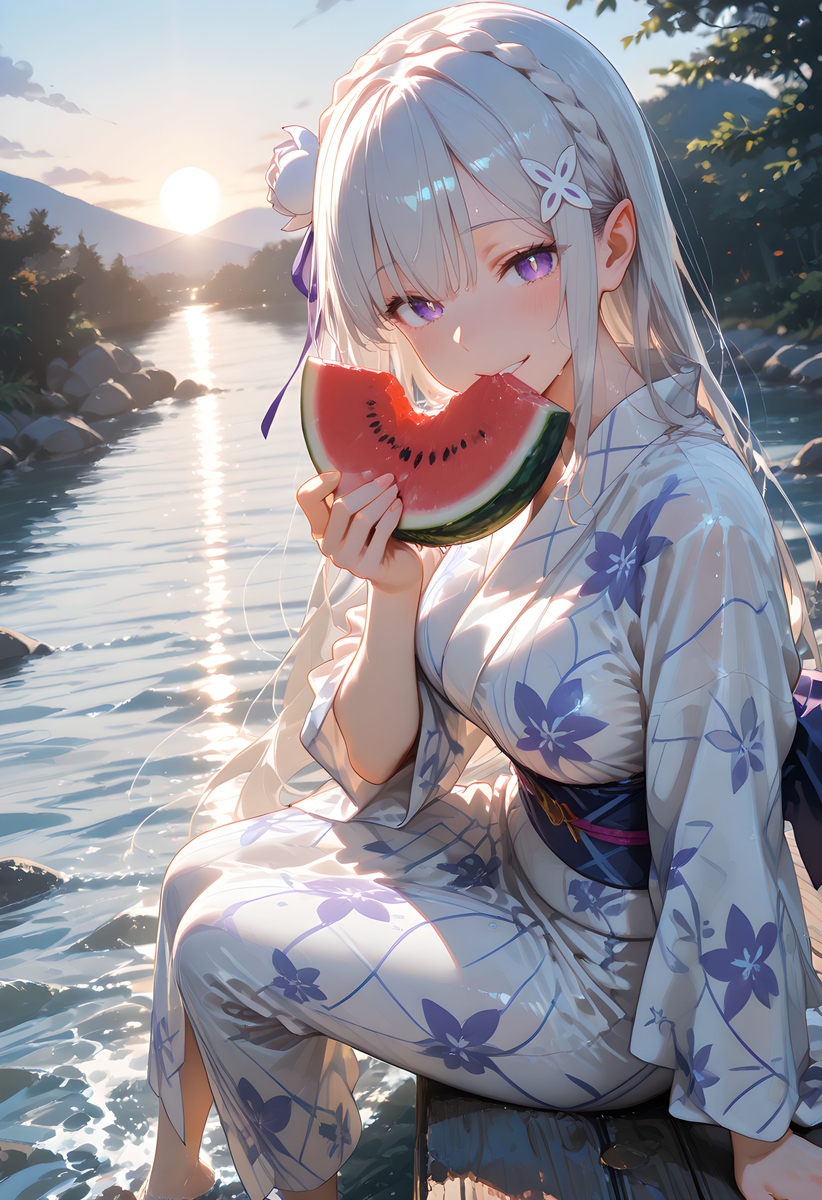 Emilia_Yukata with Watermelon-pixiv插画-作品交流服务
