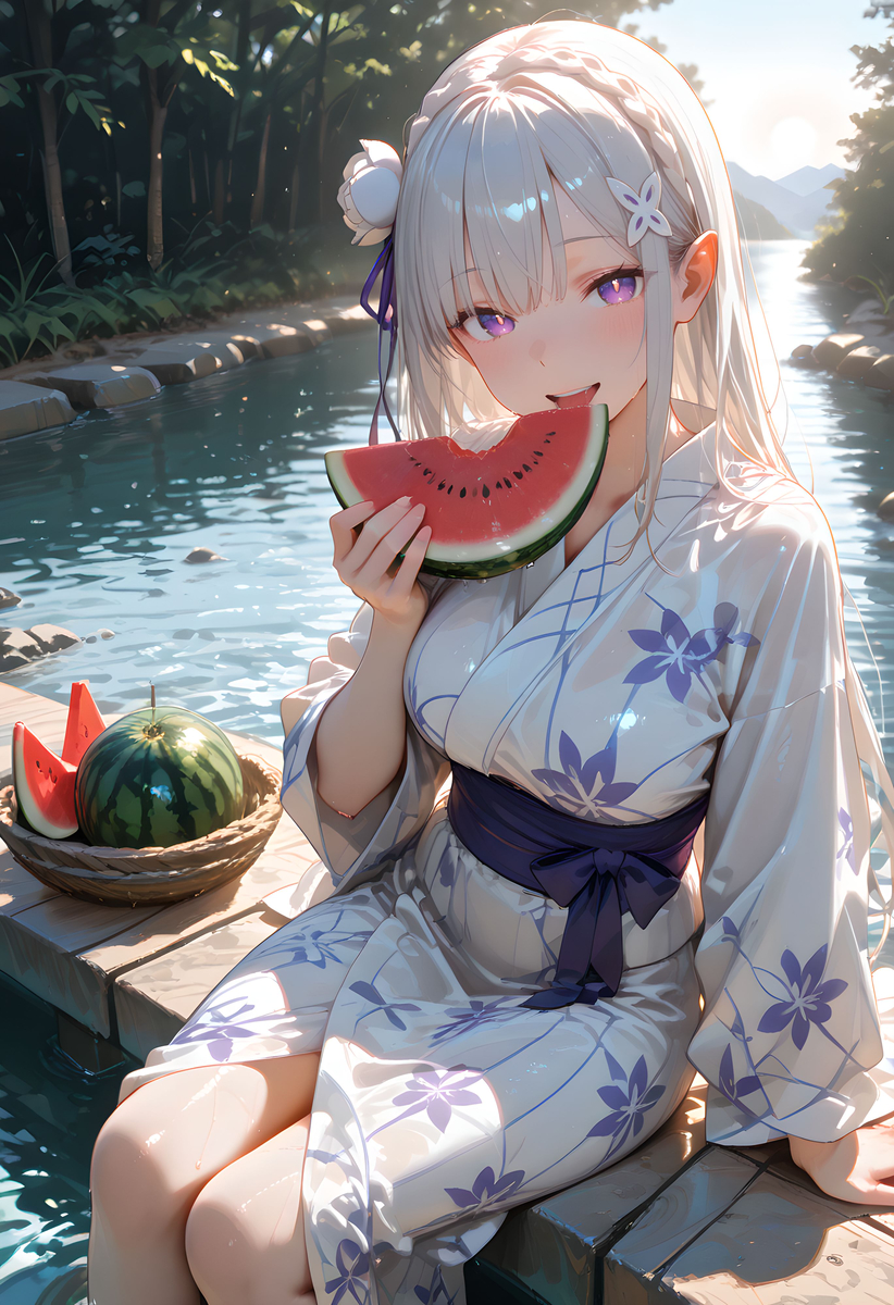 Emilia_Yukata with Watermelon-pixiv插画-作品交流服务