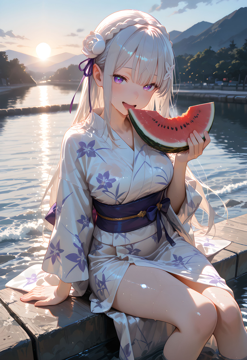 Emilia_Yukata with Watermelon-pixiv插画-作品交流服务