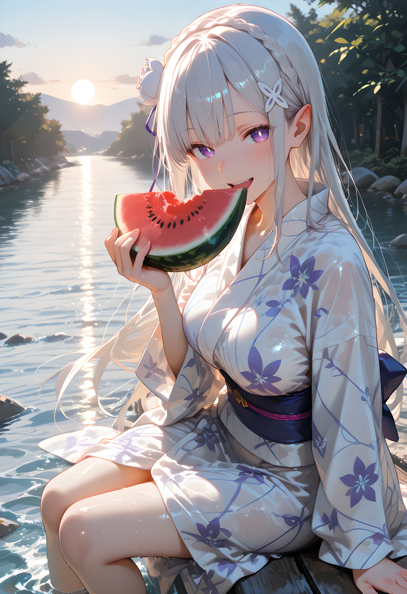 图片[5]-Emilia_Yukata with Watermelon-pixiv插画-作品交流服务