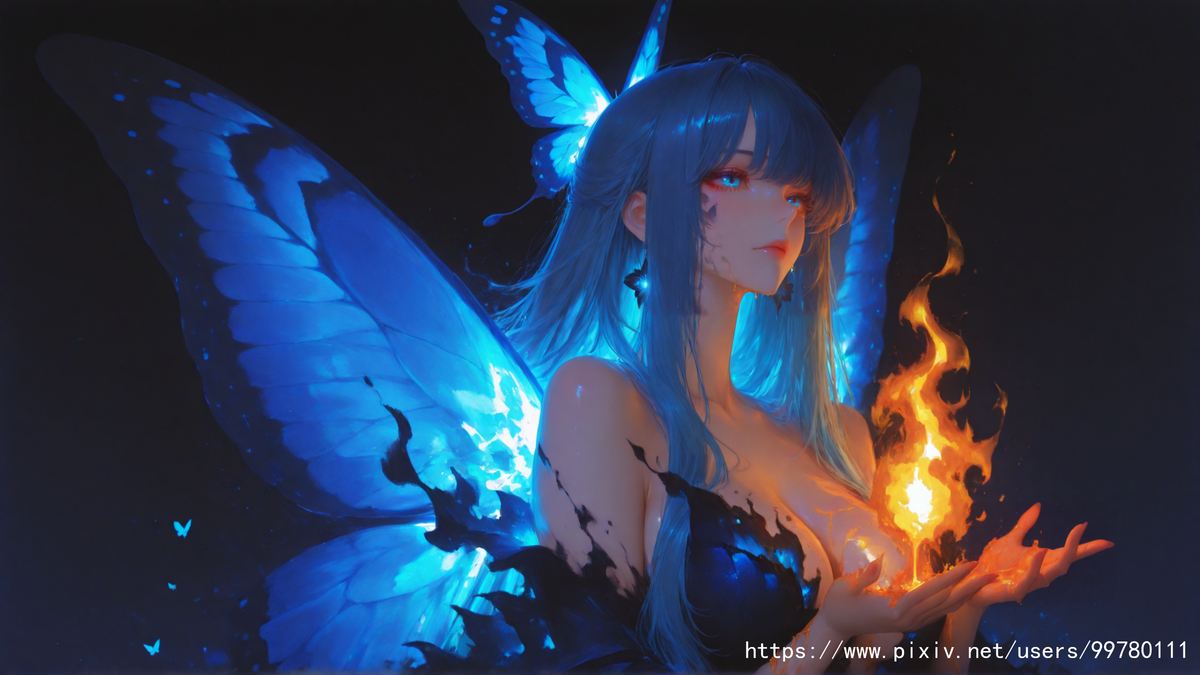夜蝶掌焰，灵焰照幽翎-pixiv插画-作品交流服务