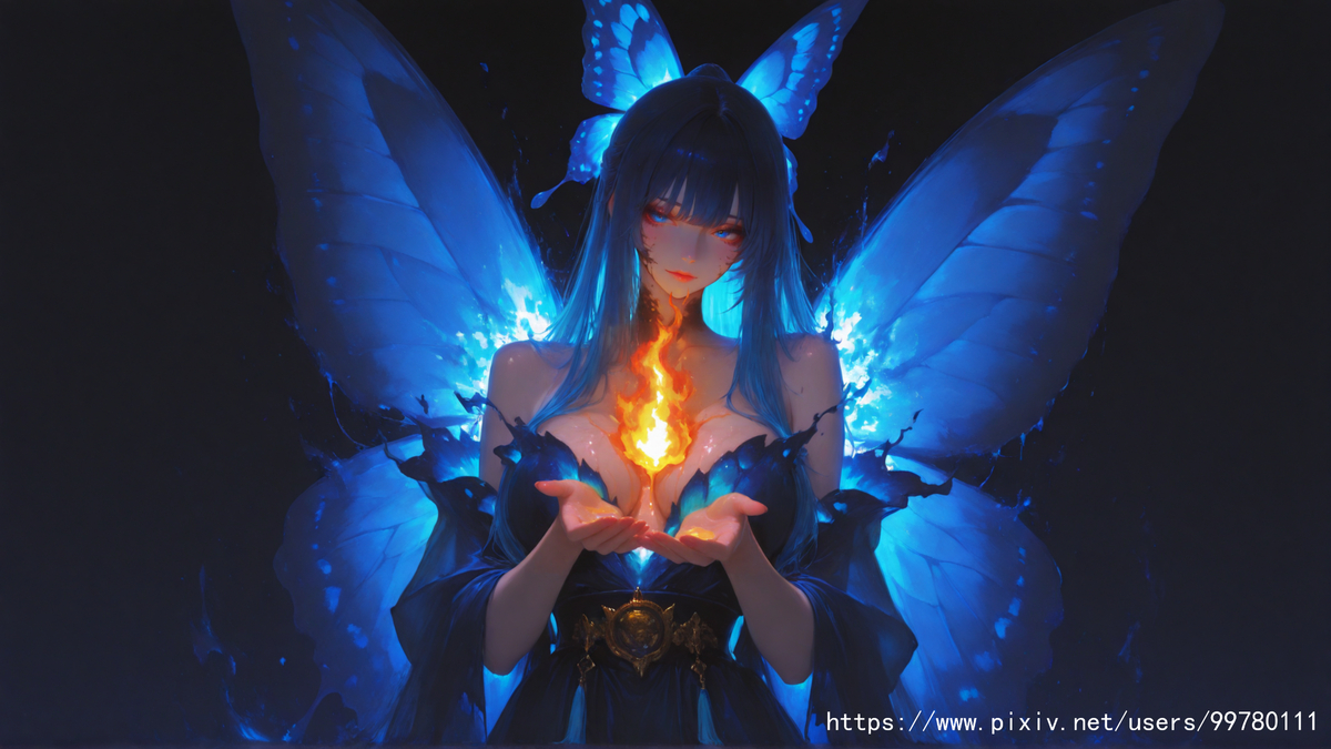 夜蝶掌焰，灵焰照幽翎-pixiv插画-作品交流服务